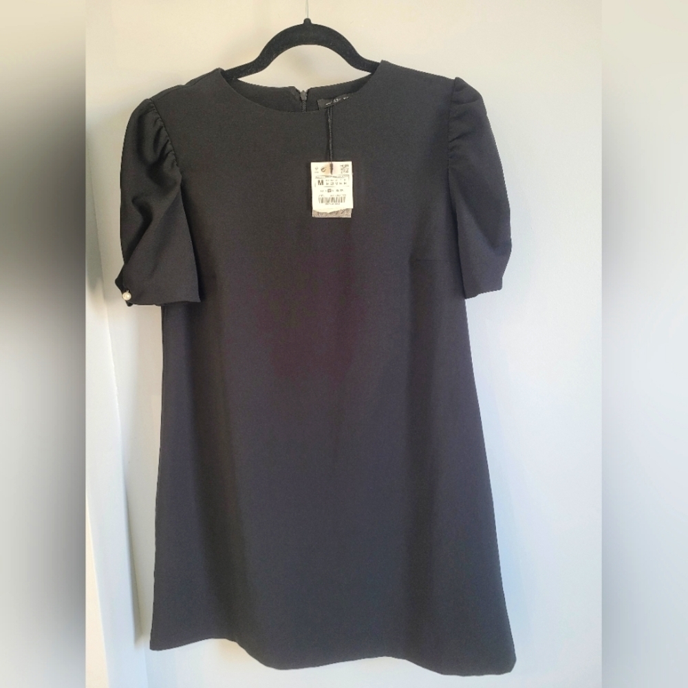 Zara black dress with puff sleeves and pearl detail